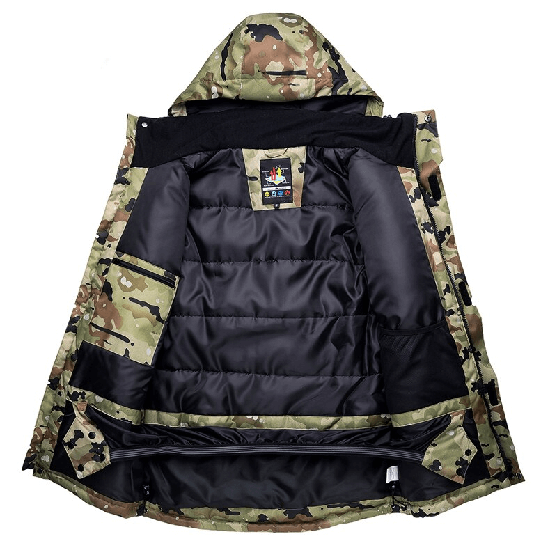 Open view of camouflage waterproof men's snowboard jacket with hood, showing inner lining and breathable insulation for winter sports.